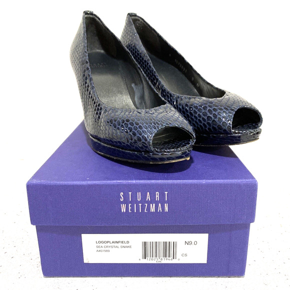 Stuart Weitzman Plainfield Platform Pumps 9N Sea Blue Snakeskin Leather Open Toe - Picture 2 of 11